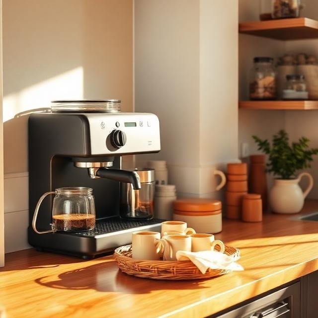 A warm, sunlit kitchen corner styled as a coffee bar, photographed at eye-level in soft golden morning light streaming through a nearby window. The scene shows a wooden countertop in honey-toned oak, layered with a matte black espresso machine, glass canisters filled with coffee beans, and stacked ceramic mugs in cream and terracotta tones. A woven rattan tray holds small jars and a linen napkin. Behind it, open shelving displays glass jars and a small potted plant. The mood feels cozy, calm, and inviting, with warm neutral colors, soft textures like linen and wood grain, and a slightly blurred background for depth. Realistic photography style, natural shadows,