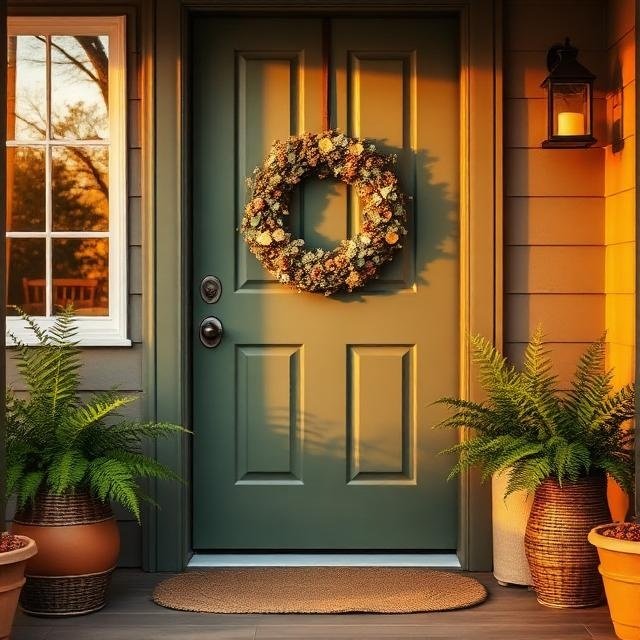 A cozy front porch during golden hour, soft warm sunlight spilling across a wooden door painted in deep sage green. A large round wreath made of dried flowers and eucalyptus hangs on the door. Two rattan planters filled with lush ferns sit on either side, paired with a jute doormat and a small vintage lantern glowing softly. Warm wood textures mix with woven baskets and terracotta pots. The mood feels calm, rustic, and inviting. Shot at eye-level, wide angle, realistic photography style, natural shadows, soft depth of field