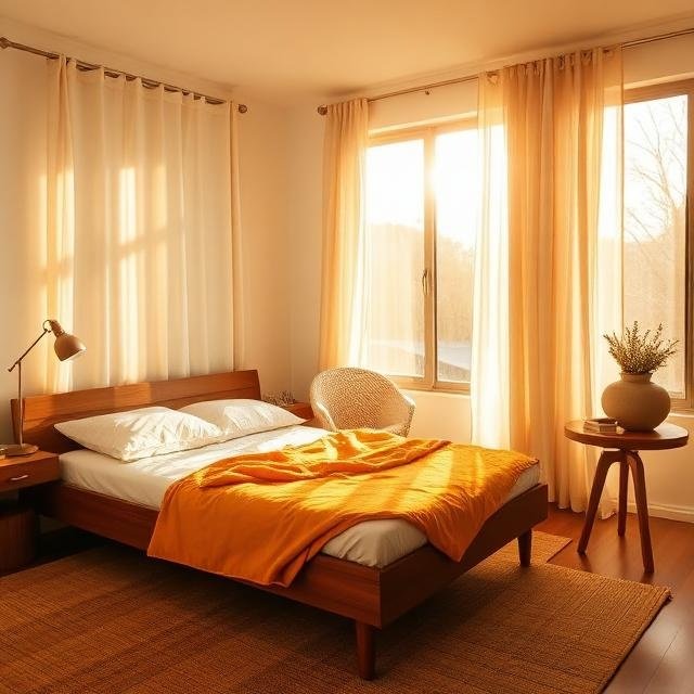 A cozy mid century modern bedroom bathed in soft golden hour light streaming through large windows with sheer linen curtains. The room has a low walnut wood bed frame, a mustard yellow throw blanket, and a cream boucle accent chair in the corner. Warm wooden textures pair with soft cream and burnt orange tones. A round wooden nightstand holds a sculptural ceramic lamp and a small potted plant. The walls are painted in a warm off-white shade with a subtle textured rug in earthy tones on the floor. Shot from a wide eye-level angle, showing the full room with natural shadows and a calm, inviting mood.